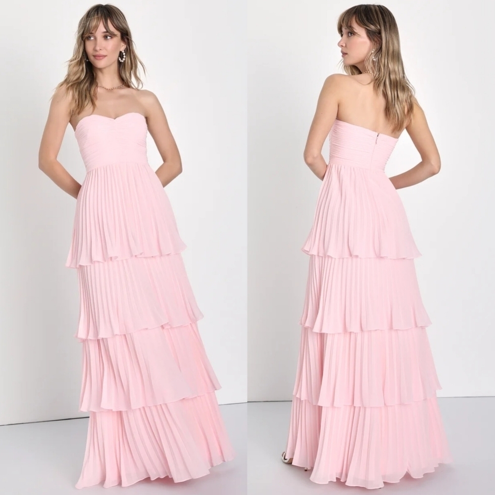Lulus Seriously Sensational Light Pink Strapless Tiered Maxi Dress XS Wedding